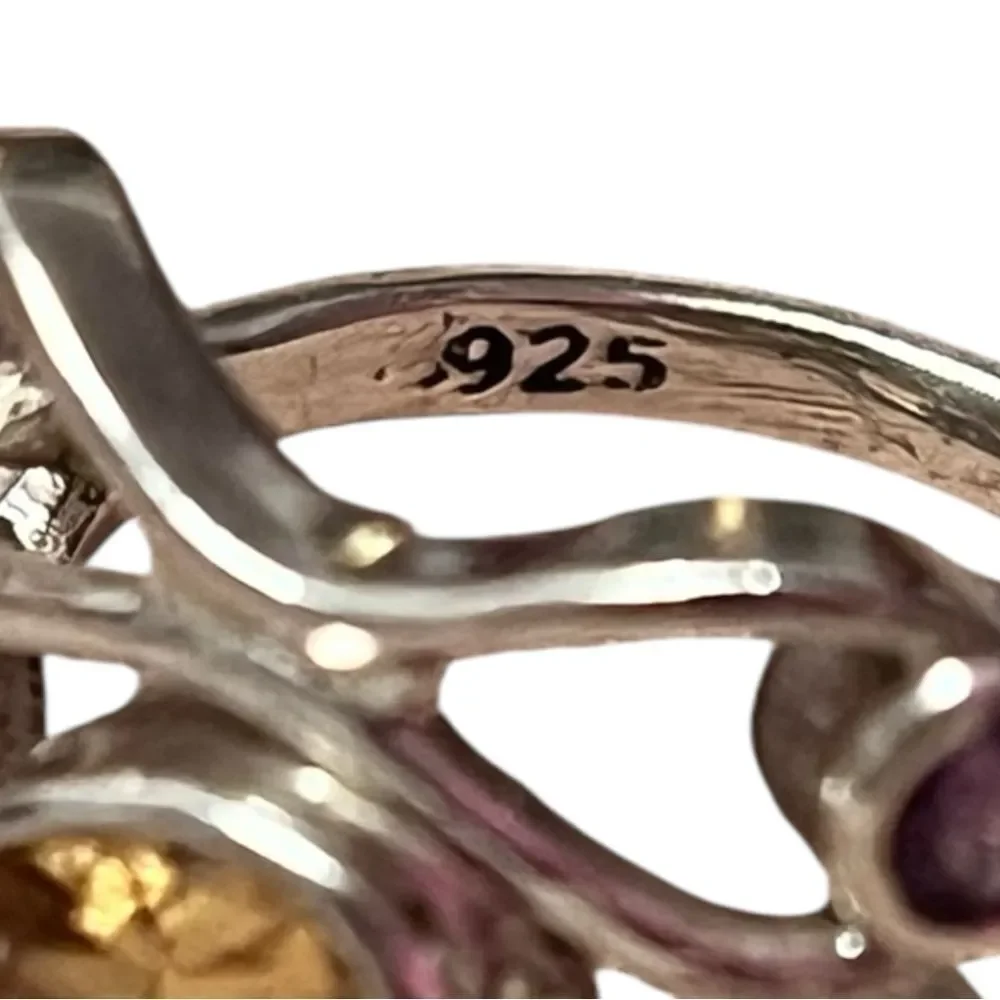 Stunning Sterling Silver Ring With Citrine Blue Topaz Garnet Amethyst Size 7